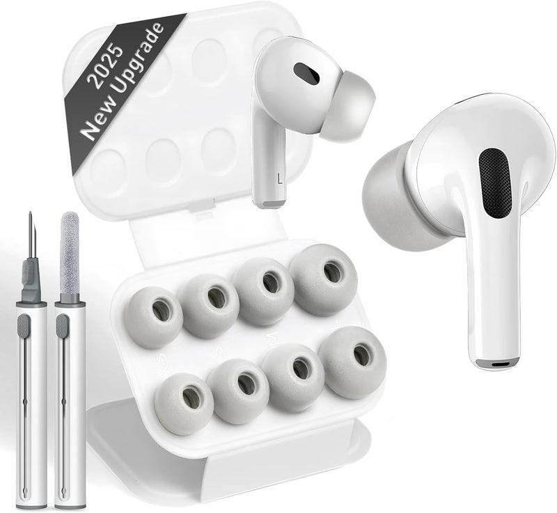 Vsagier Memory Foam Ear Tips for AirPods Pro 1st & 2nd Gen, No Silicone Eartips Pain, Better Noise Cancellation, Replacement Buds with 3 in 1 Cleaner Kit and Fit in Charging Case-(White, XS/S/M/L) - Image 1